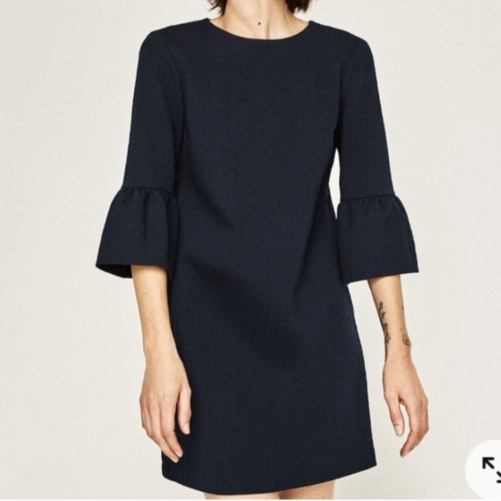 Zara Bell Sleeve Cuff 3/4 Sleeve Ruffle Shift Dress XS Mini